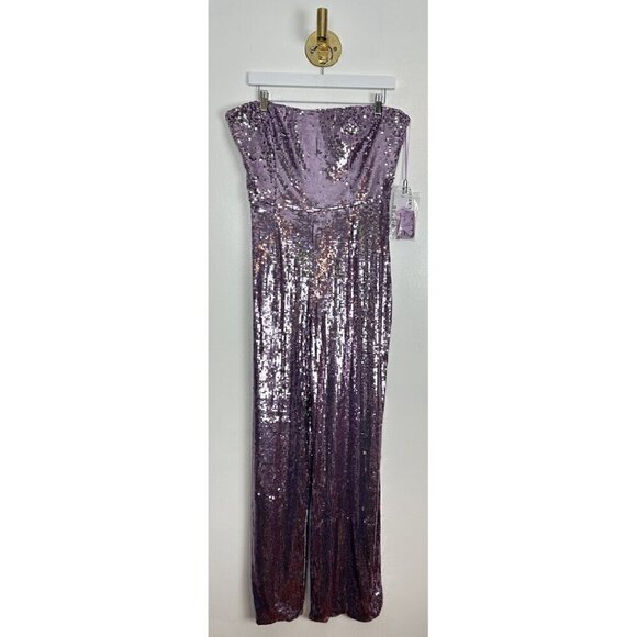 DRESS THE POPULATION Andy Sequin Strapless Jumpsuit in Lavender Multi Size Large - Picture 4 of 10